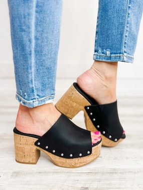 Corkys Bada Bing Clog Wedges in Black Distressed