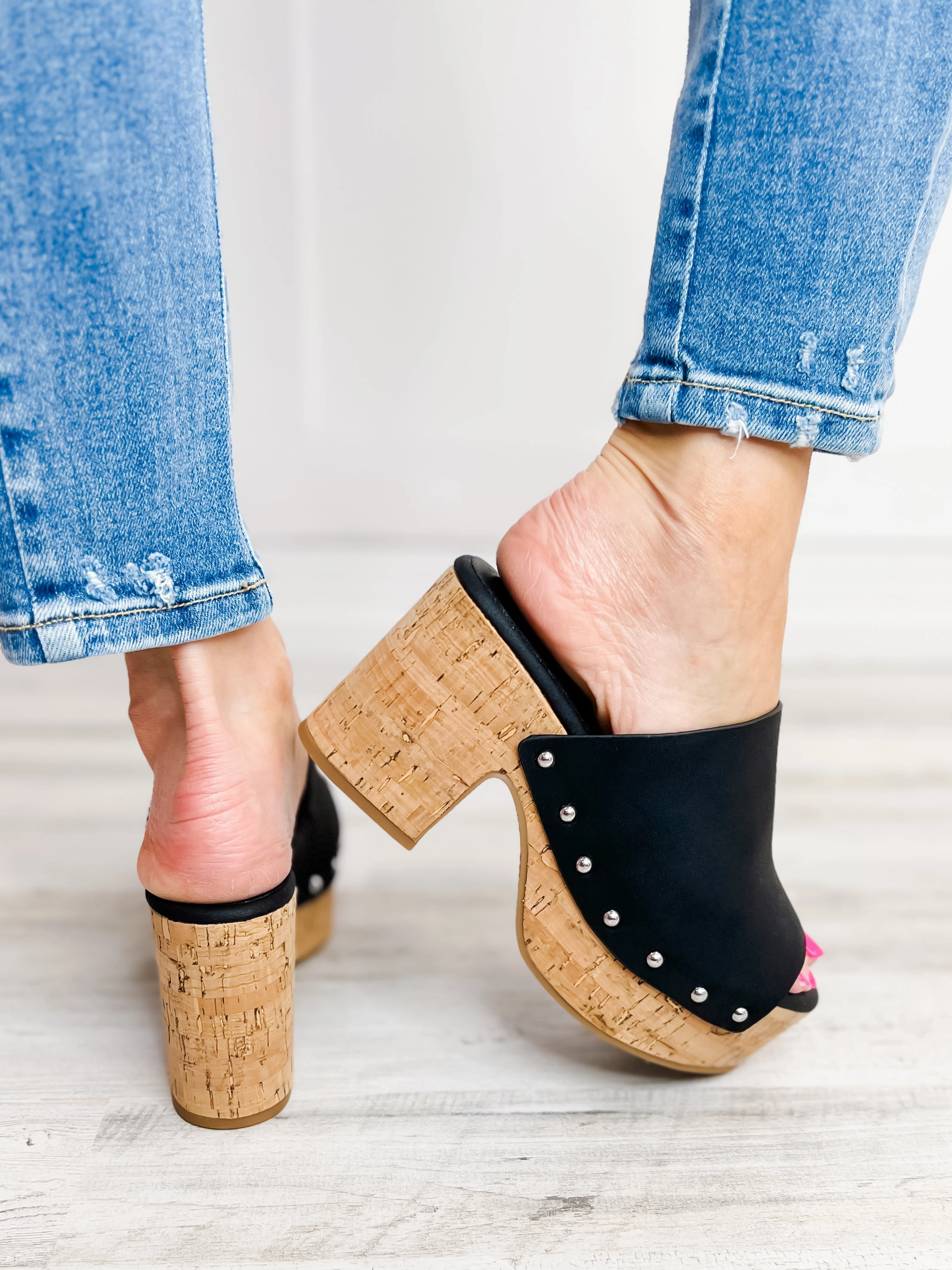 Corkys Bada Bing Clog Wedges in Black Distressed