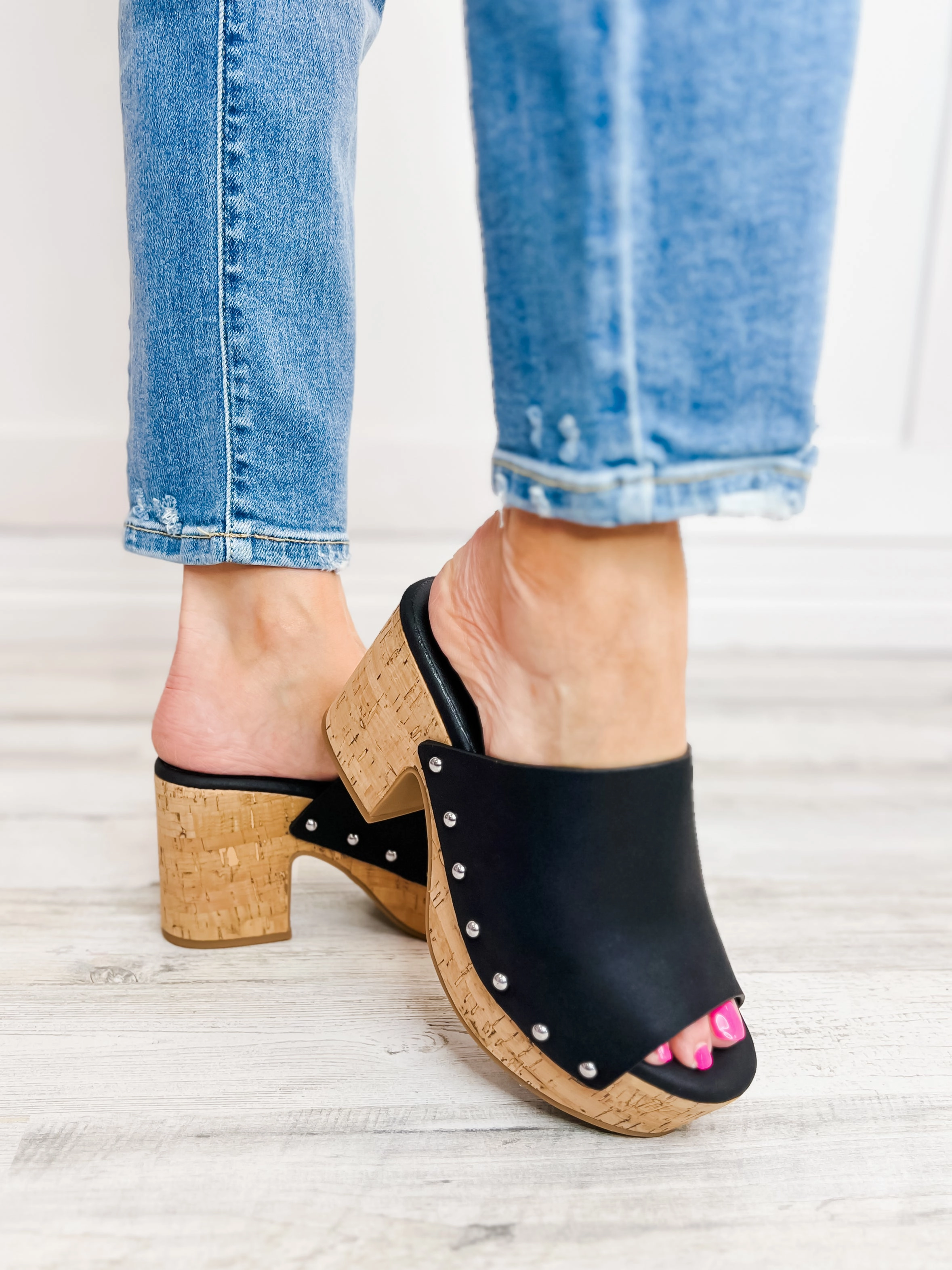 Corkys Bada Bing Clog Wedges in Black Distressed