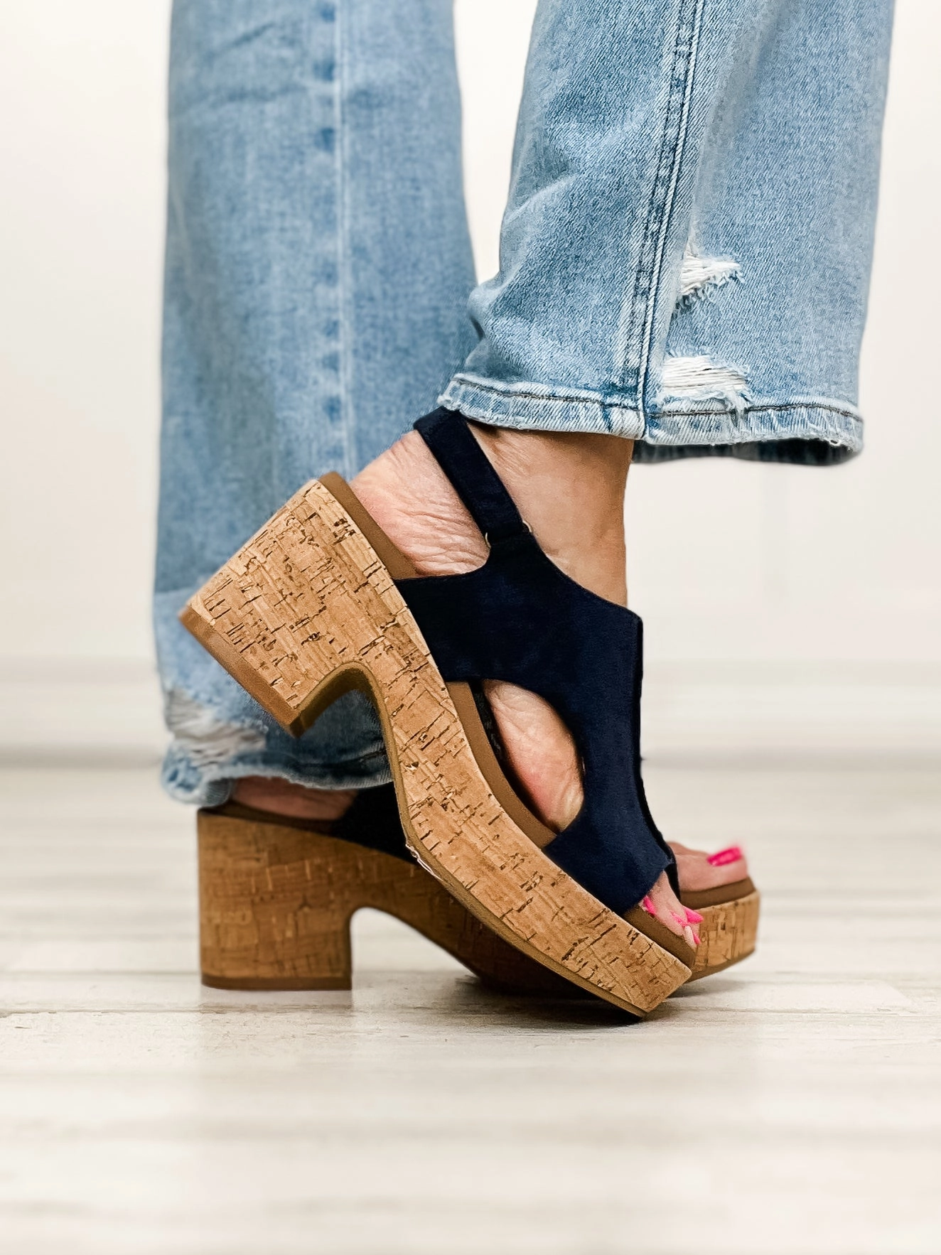 Corkys Miss Carley Block Heel Sandals in Navy Faux Suede