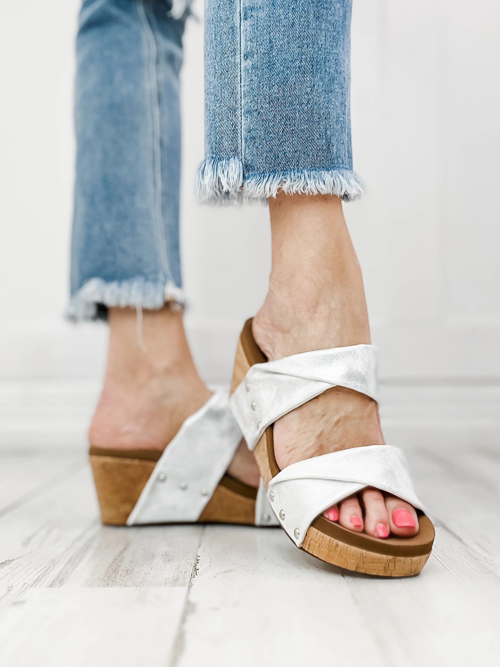 Corkys Stranded Wedges in White Metallic