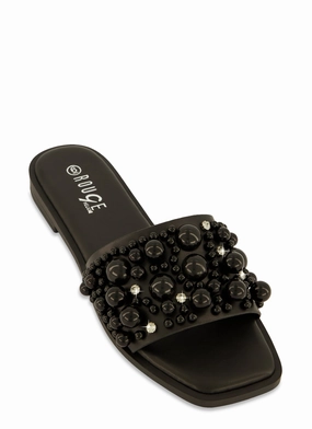 Embellished Faux Pearl Studded Slide Sandals