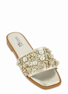 Embellished Faux Pearl Studded Slide Sandals