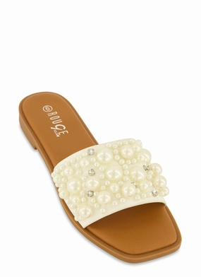 Embellished Faux Pearl Studded Slide Sandals