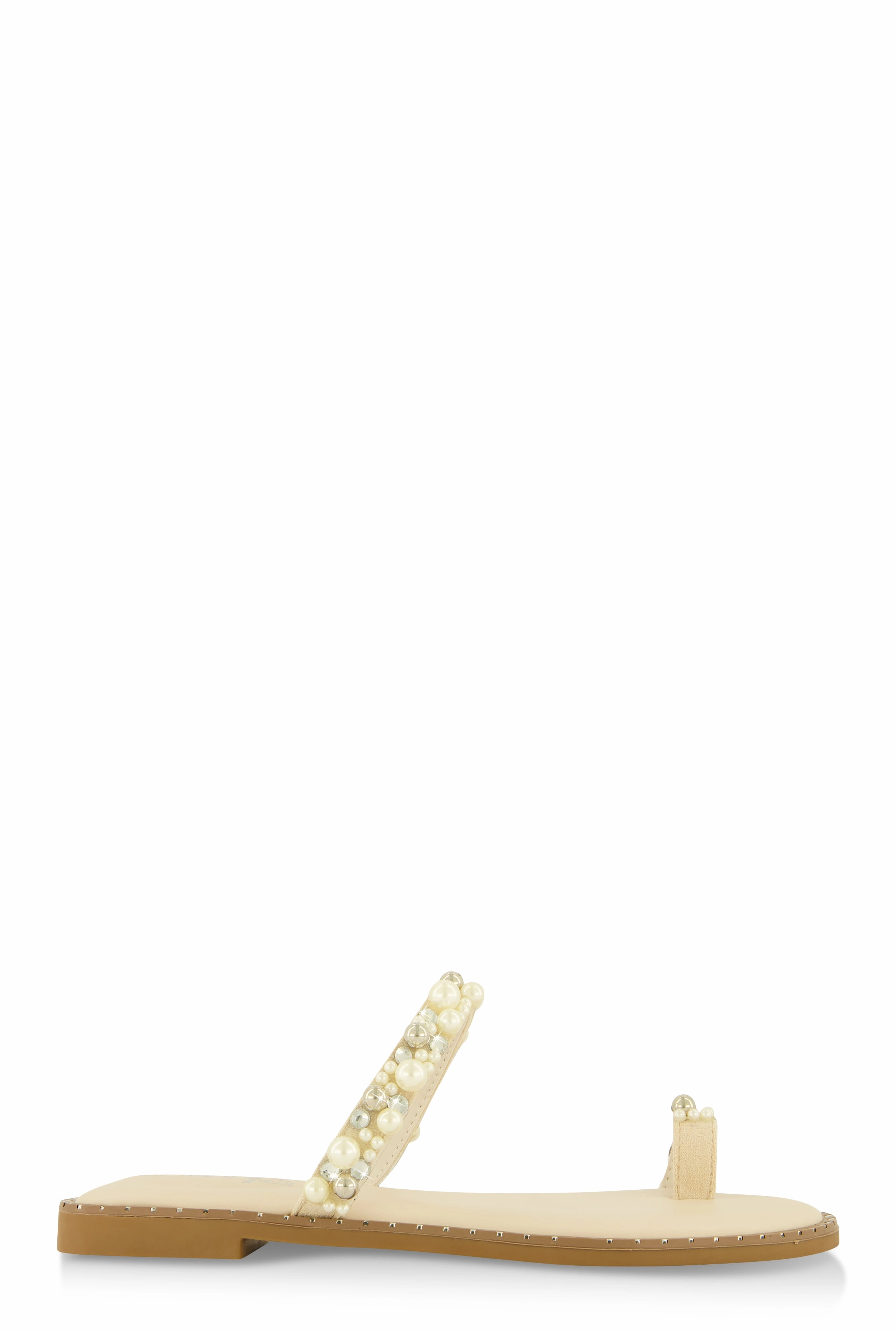 Faux Pearl Rhinestone Toe Loop Slide Sandals