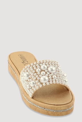 Faux Pearl Studded Band Slide Sandals