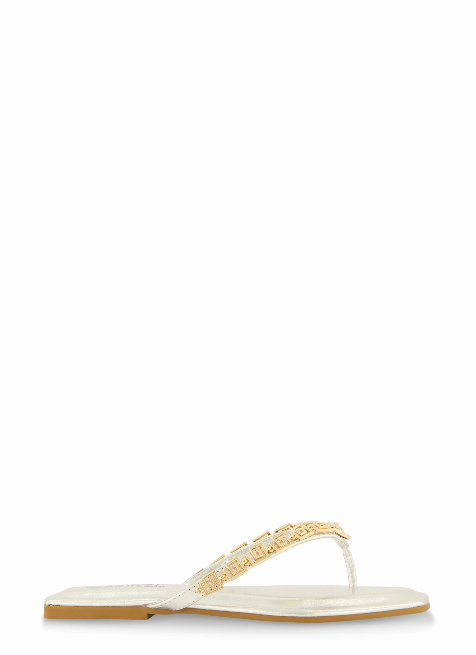 Greek Key Metallic Pendant Thong Sandals