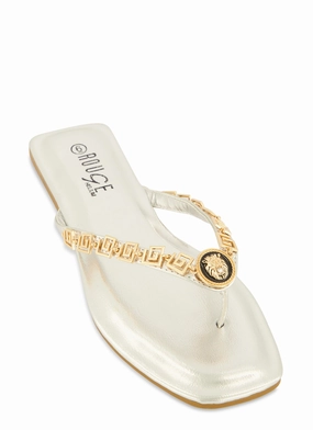 Greek Key Metallic Pendant Thong Sandals