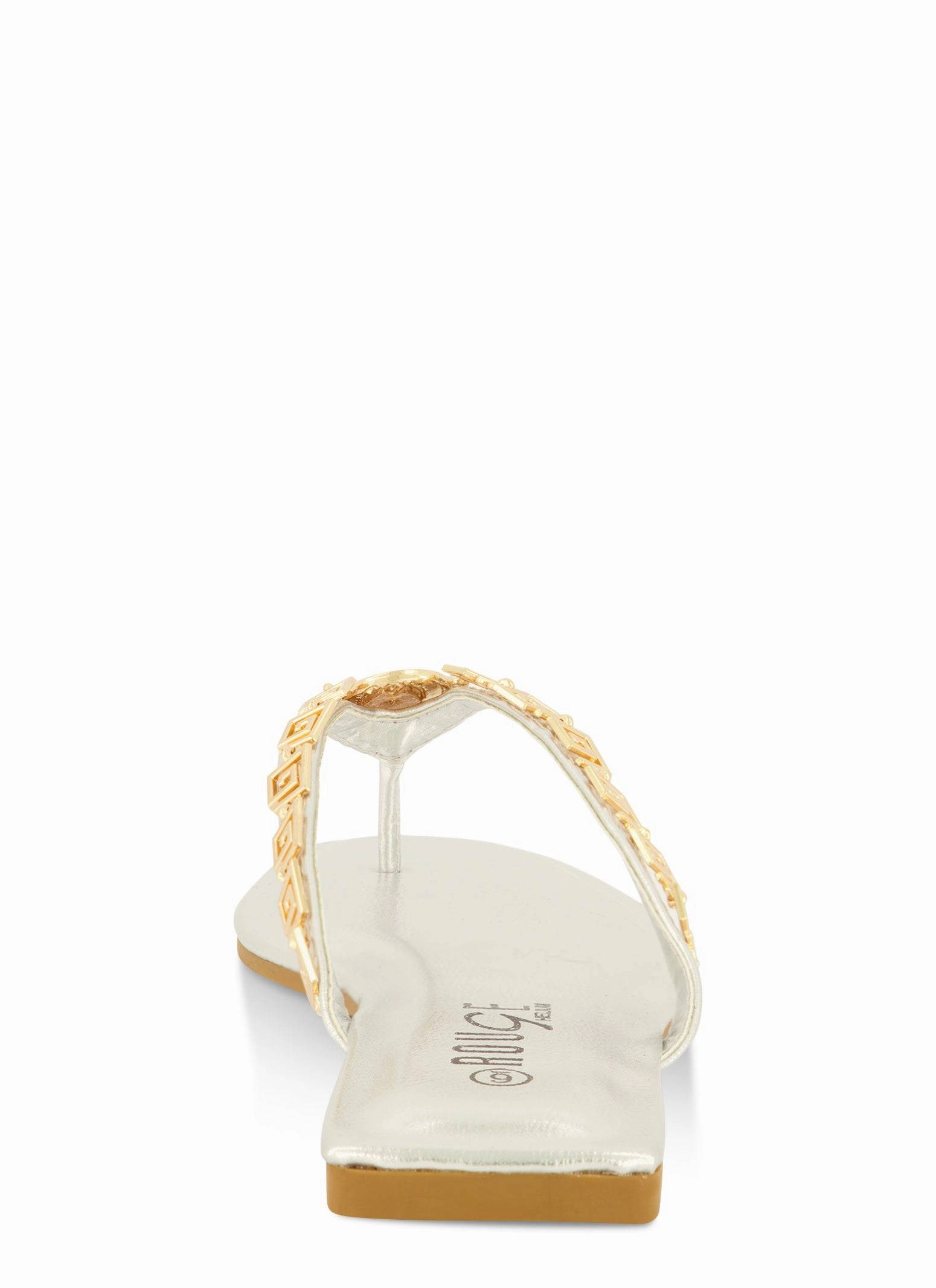 Greek Key Metallic Pendant Thong Sandals