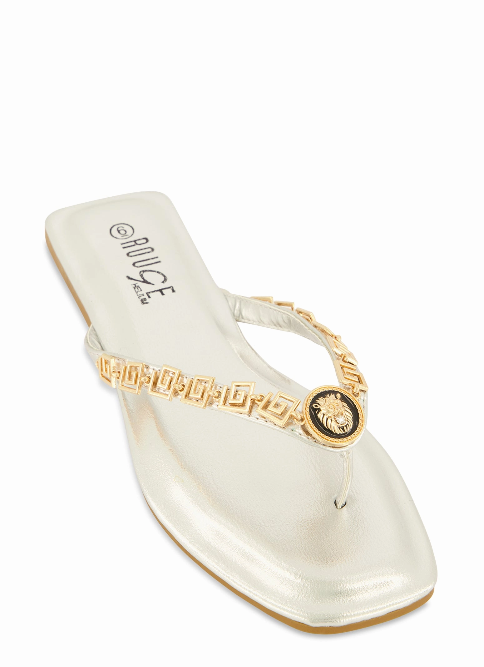 Greek Key Metallic Pendant Thong Sandals
