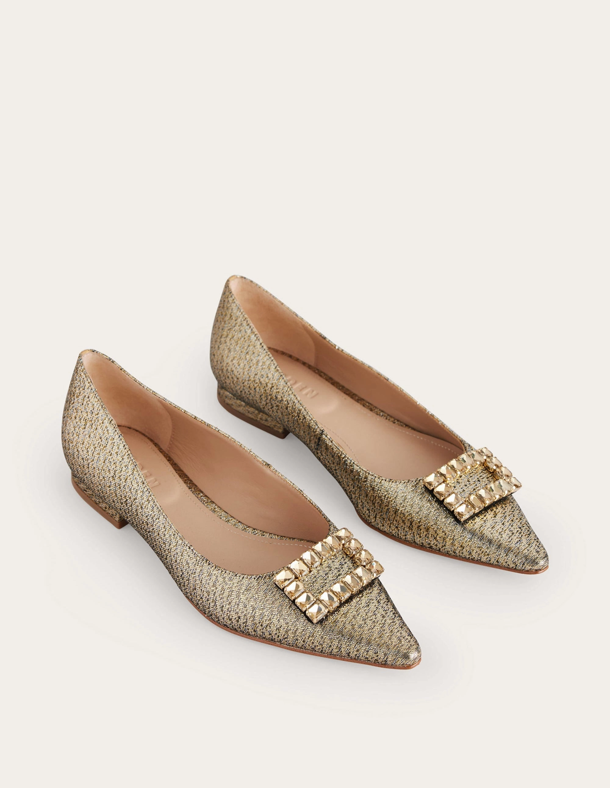 Jewelled-Buckle Flats-Gold Metallic