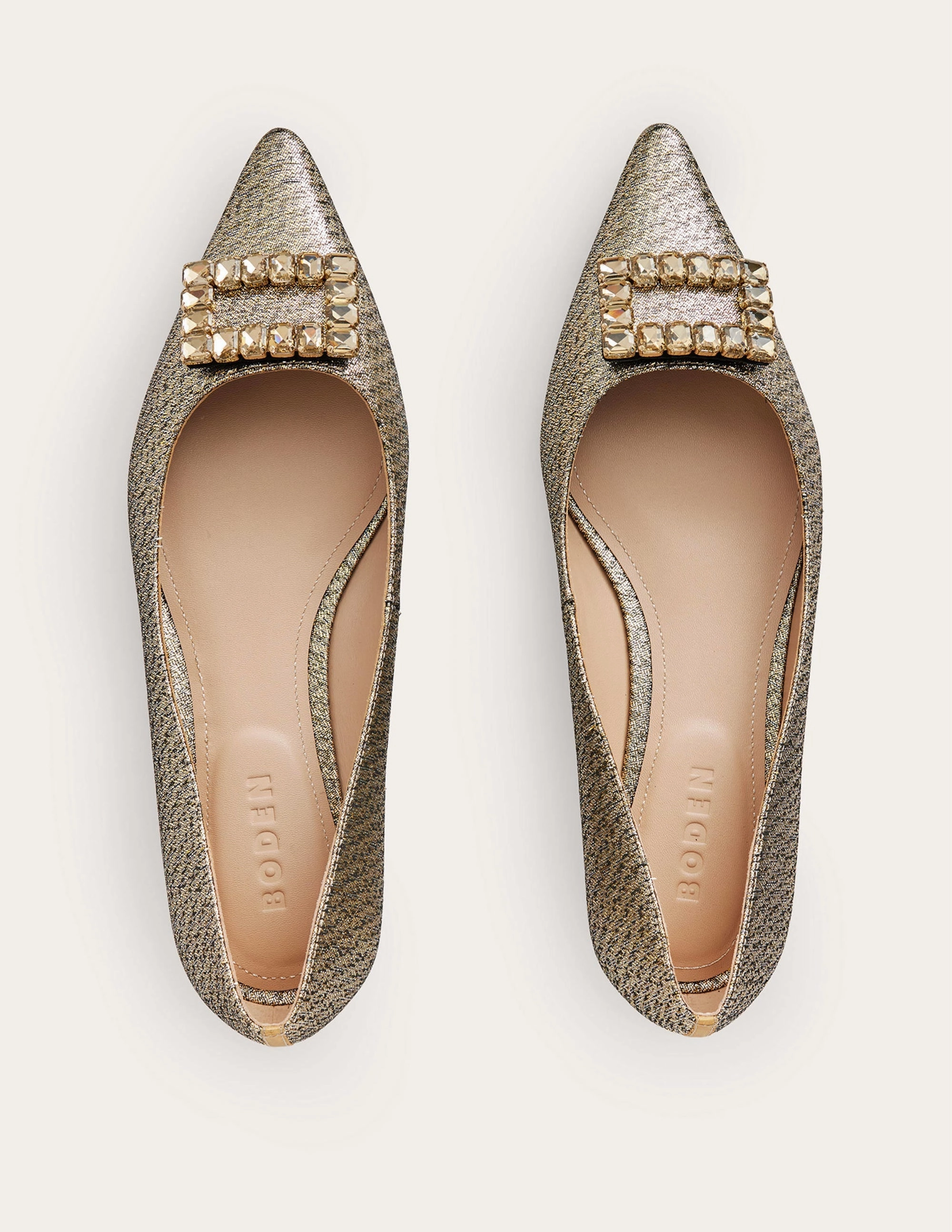 Jewelled-Buckle Flats-Gold Metallic