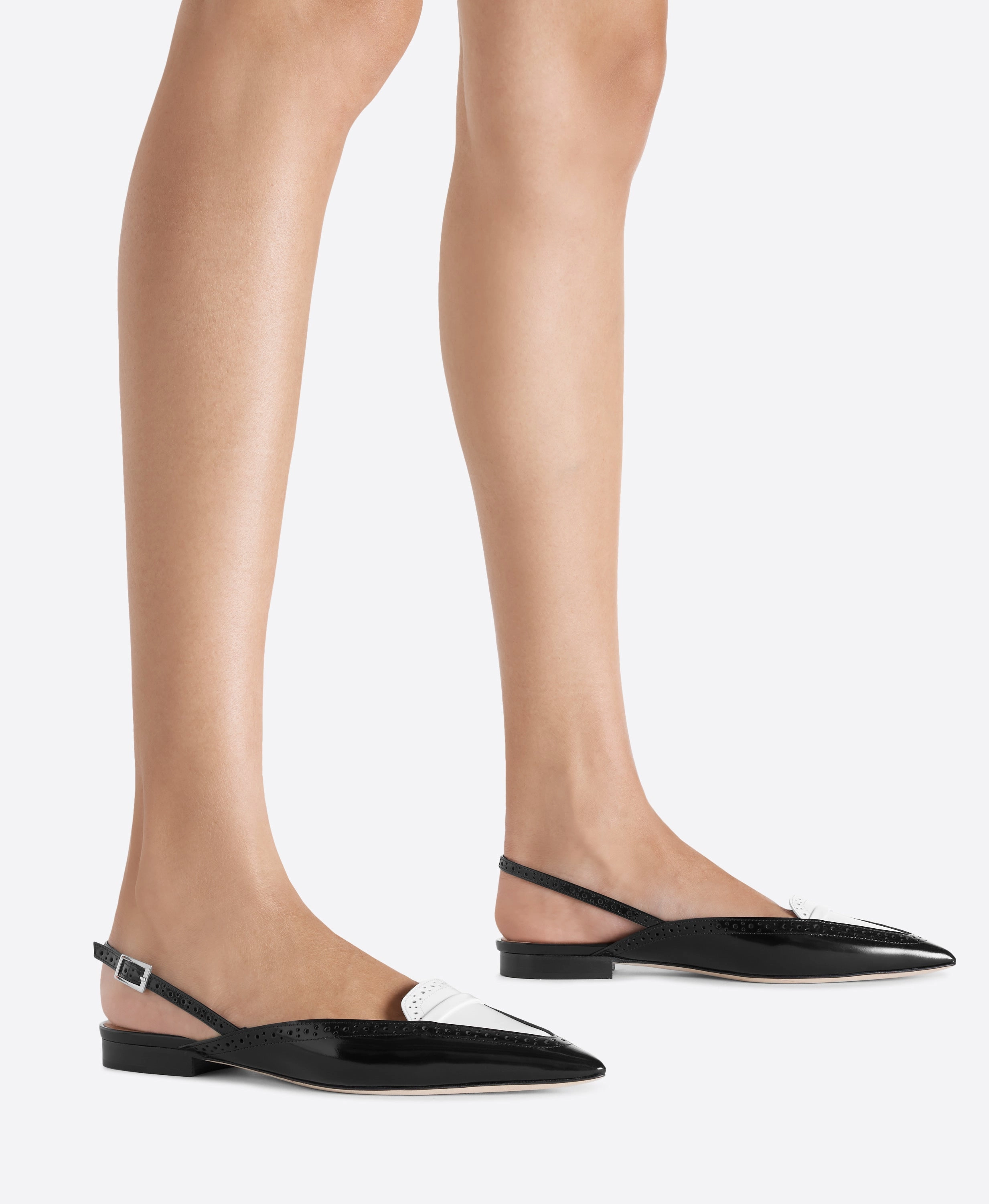 Laurie Black & White Brushed Leather Flat Slingbacks