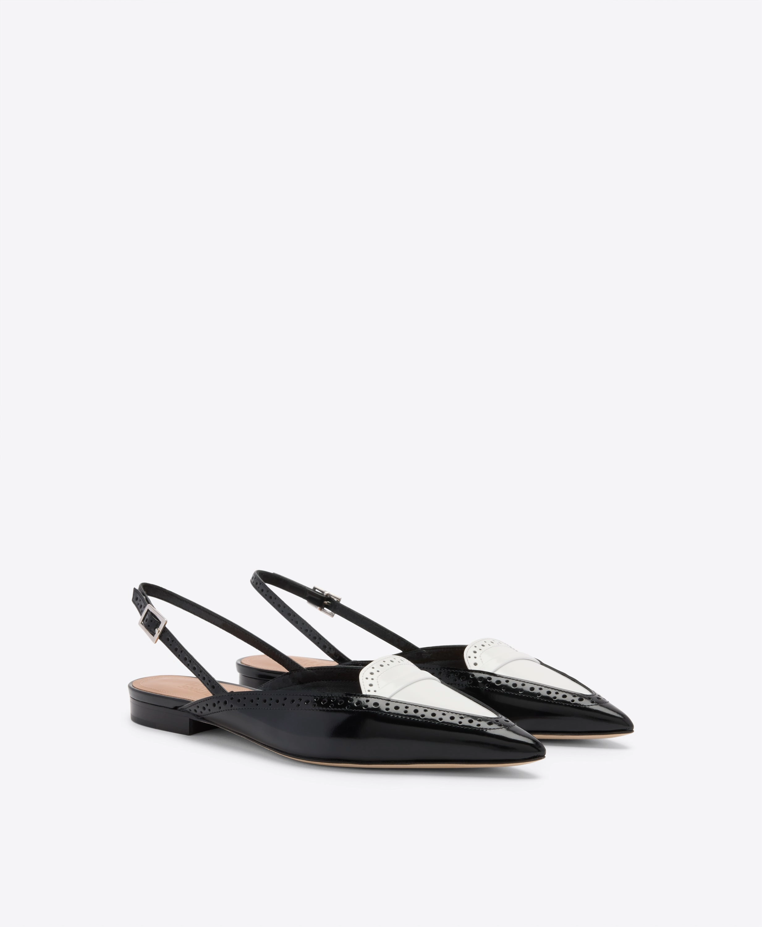Laurie Black & White Brushed Leather Flat Slingbacks