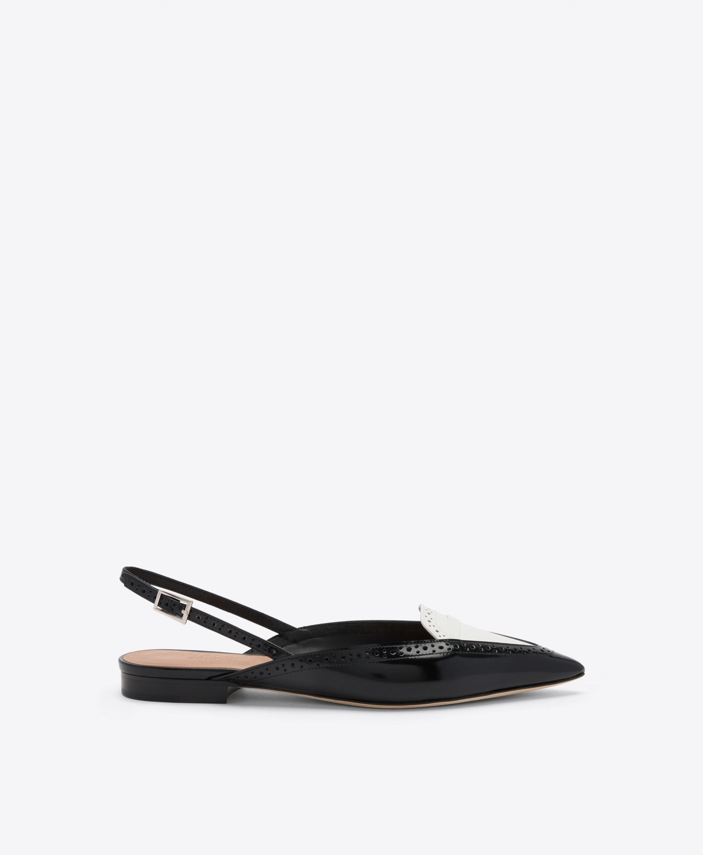 Laurie Black & White Brushed Leather Flat Slingbacks
