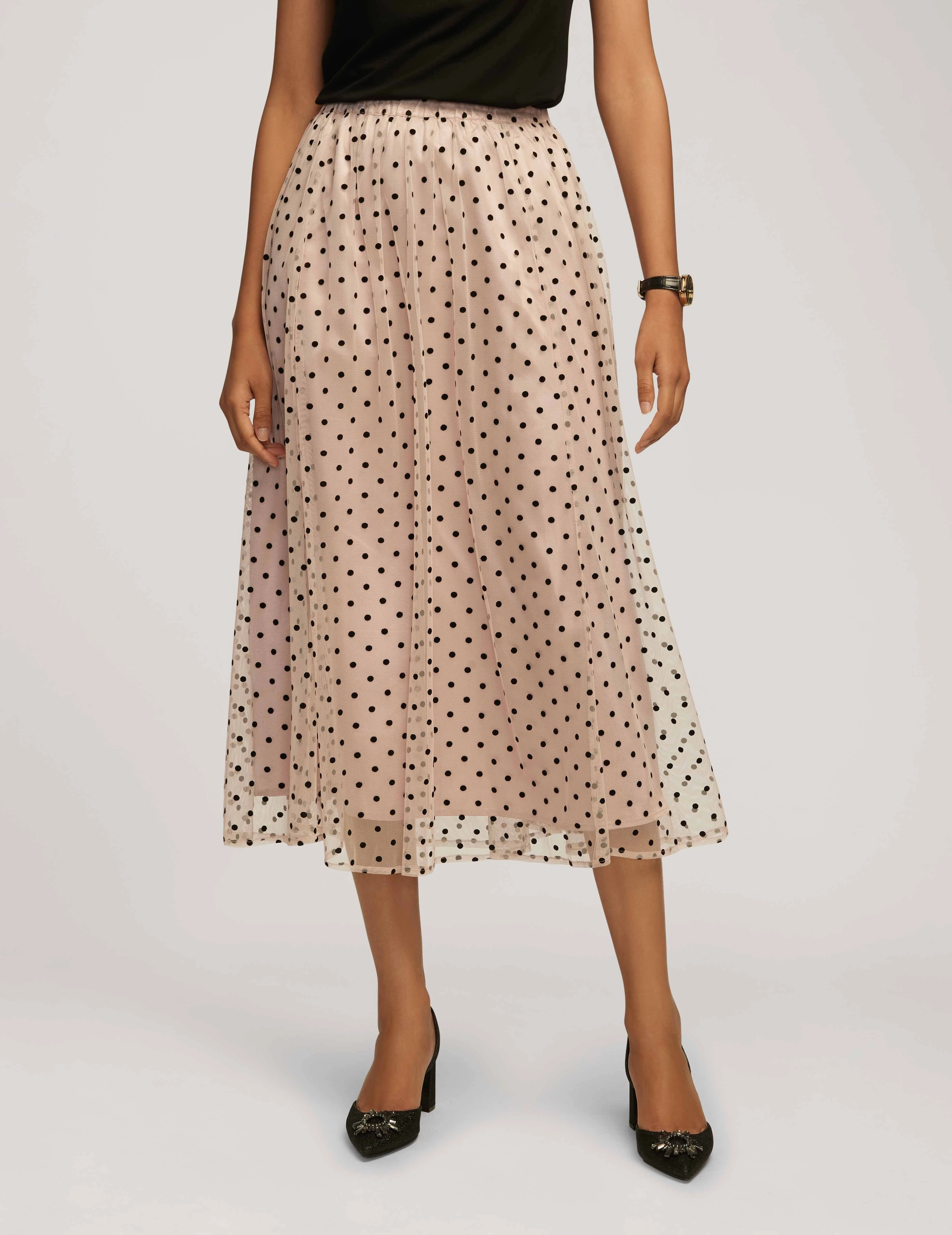 Mesh Flocked Dot Pull On A-Line Skirt- Sale
