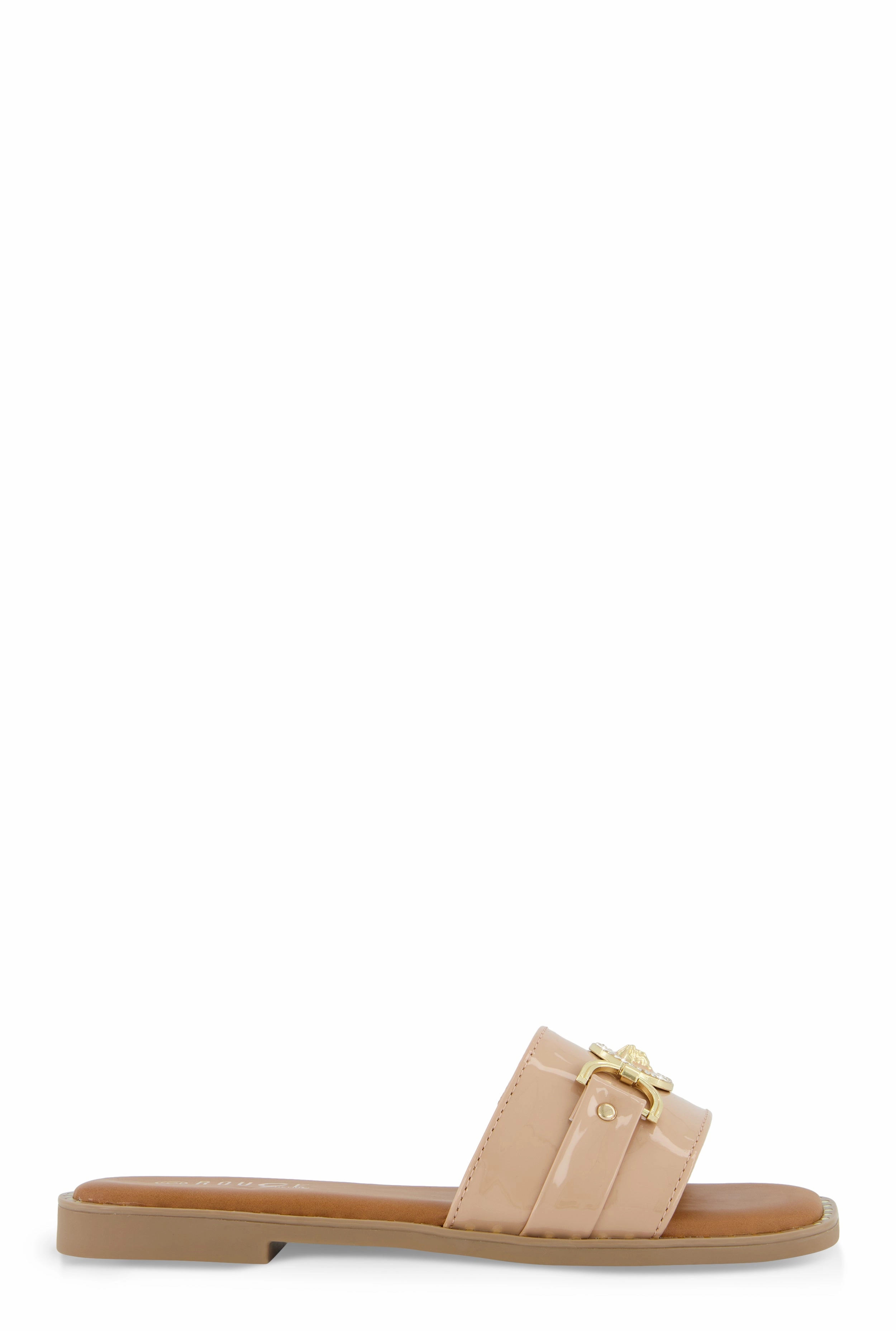 Metallic Pendant Faux Patent Leather Slide Sandals