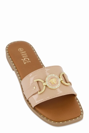 Metallic Pendant Faux Patent Leather Slide Sandals
