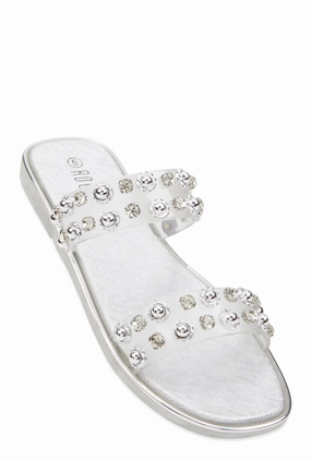 Metallic Trim Studded Double Band Slide Sandals