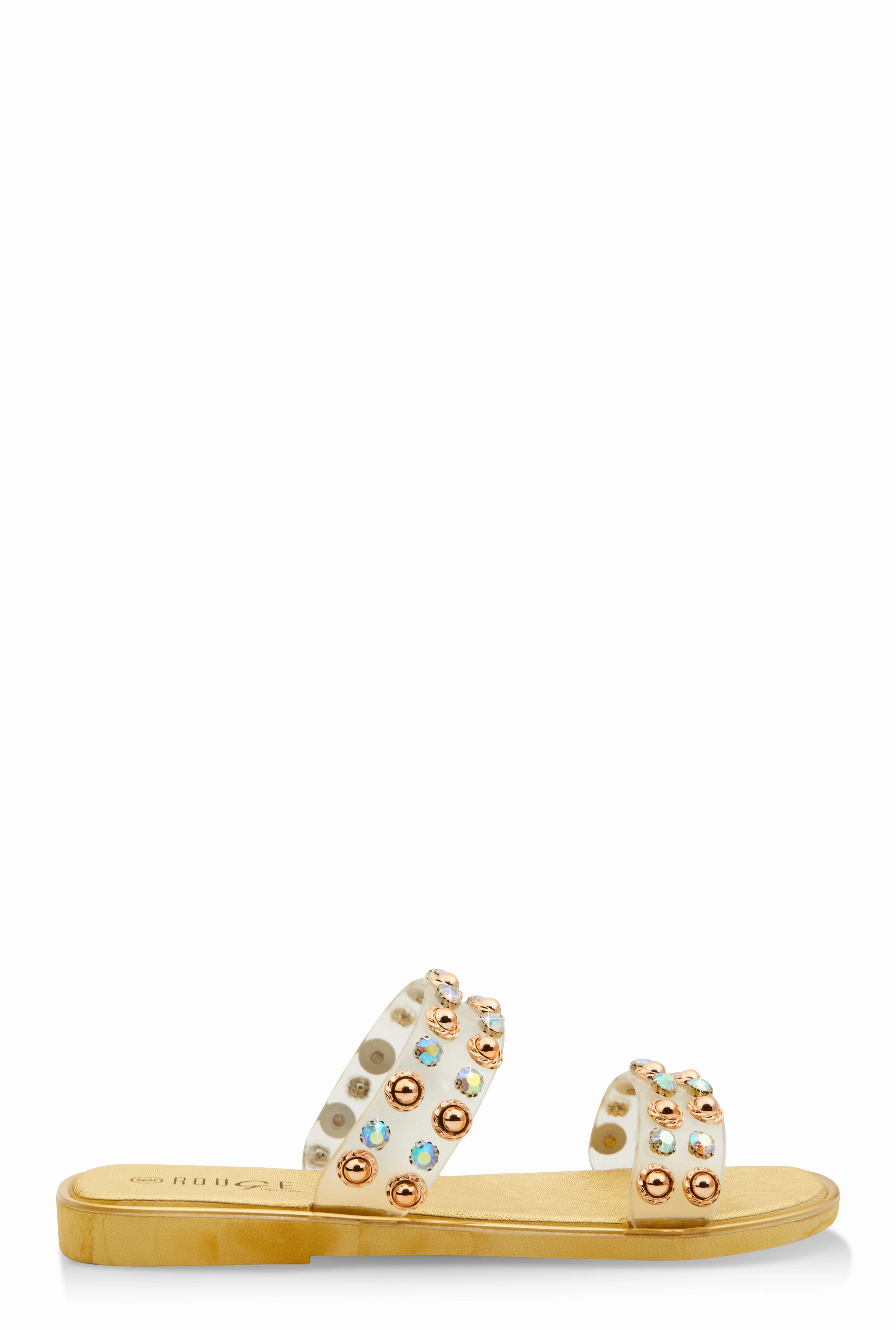 Metallic Trim Studded Double Band Slide Sandals