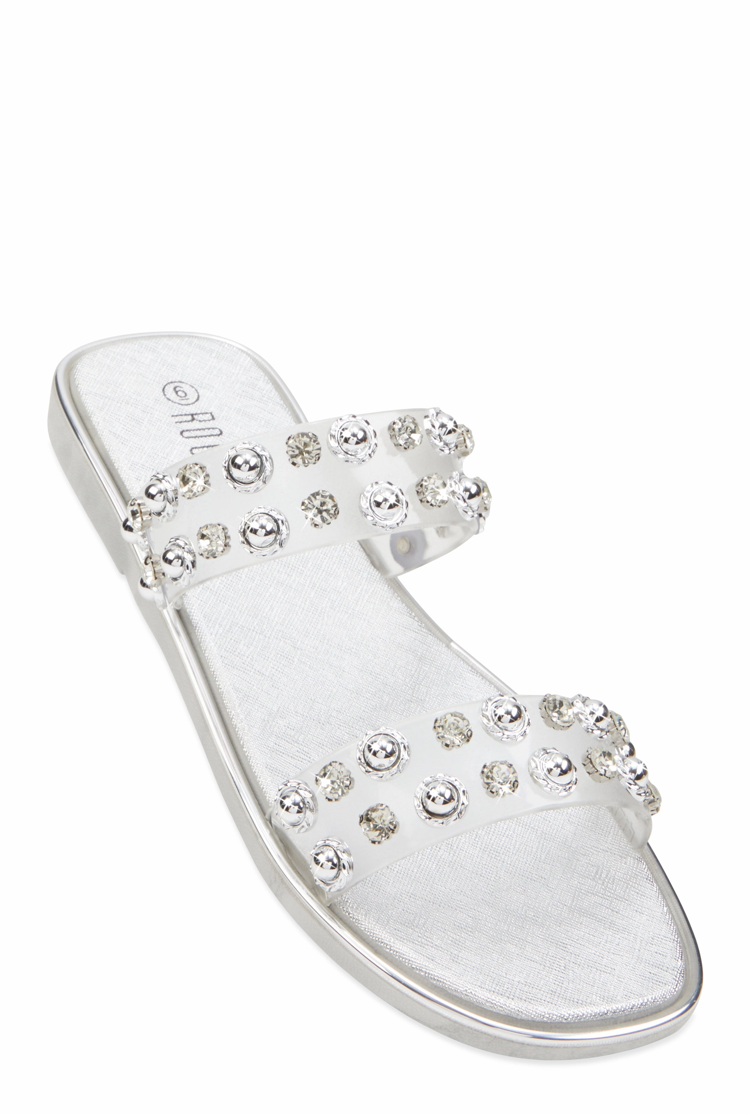 Metallic Trim Studded Double Band Slide Sandals