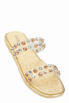 Metallic Trim Studded Double Band Slide Sandals