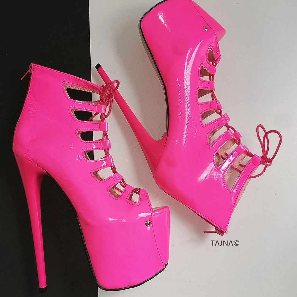 Neon Pink Lace Up Ankle Platforms