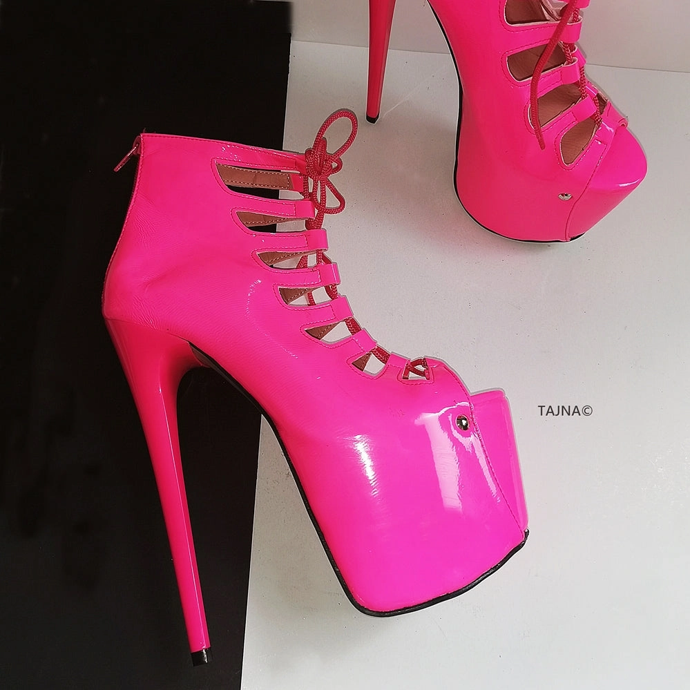 Neon Pink Lace Up Ankle Platforms