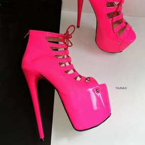 Neon Pink Lace Up Ankle Platforms