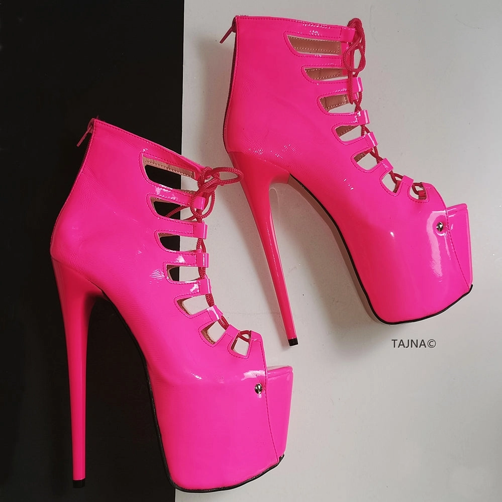 Neon Pink Lace Up Ankle Platforms