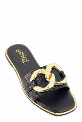 Oversized Chain Detail Band Slide Sandals