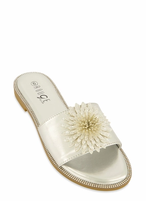Rhinestone Studded 3D Floral Band Slide Sandals