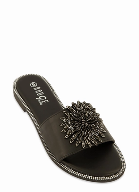 Rhinestone Studded 3D Floral Band Slide Sandals