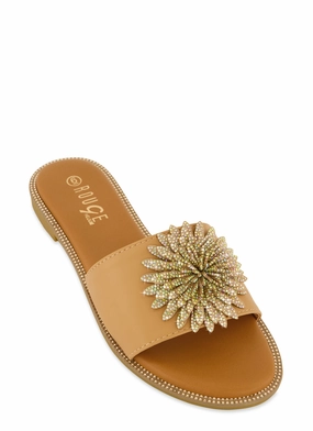 Rhinestone Studded 3D Floral Band Slide Sandals