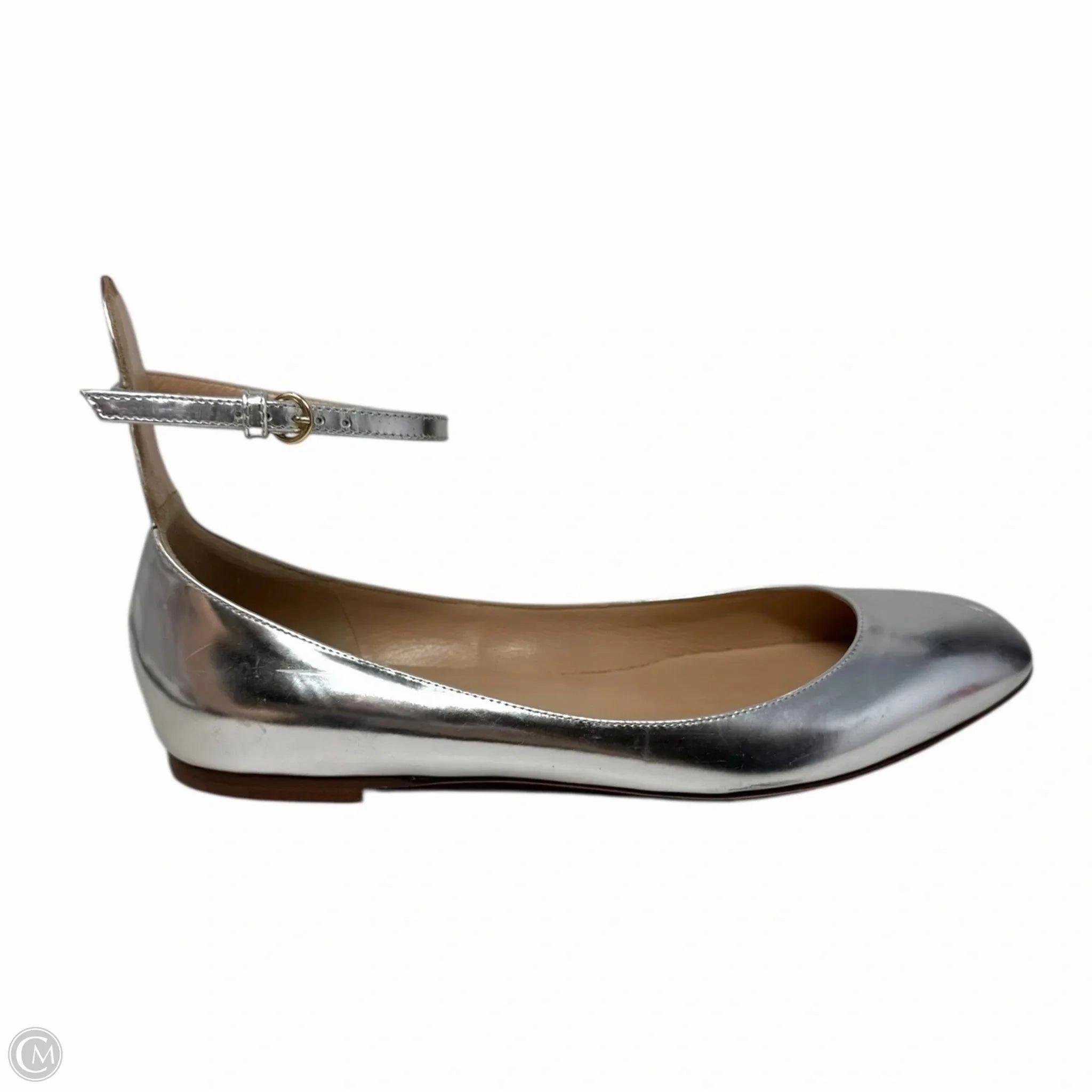 Tango Metallic Ankle Strap Flats Shoes Luxury Designer By Valentino-garavani In Silver, Size: 8