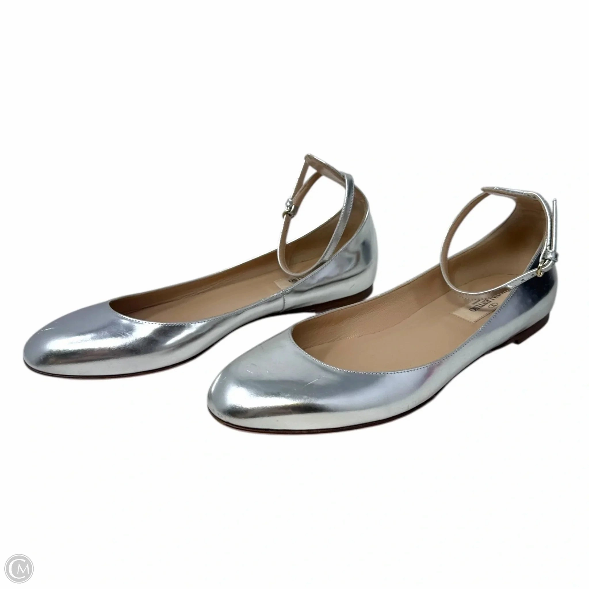 Tango Metallic Ankle Strap Flats Shoes Luxury Designer By Valentino-garavani In Silver, Size: 8
