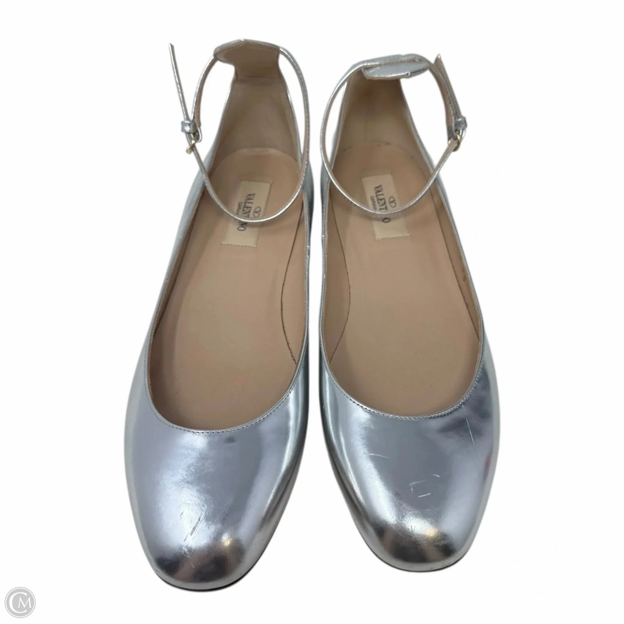 Tango Metallic Ankle Strap Flats Shoes Luxury Designer By Valentino-garavani In Silver, Size: 8