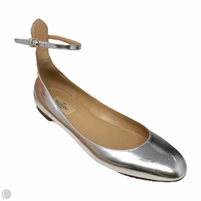 Tango Metallic Ankle Strap Flats Shoes Luxury Designer By Valentino-garavani In Silver, Size: 8