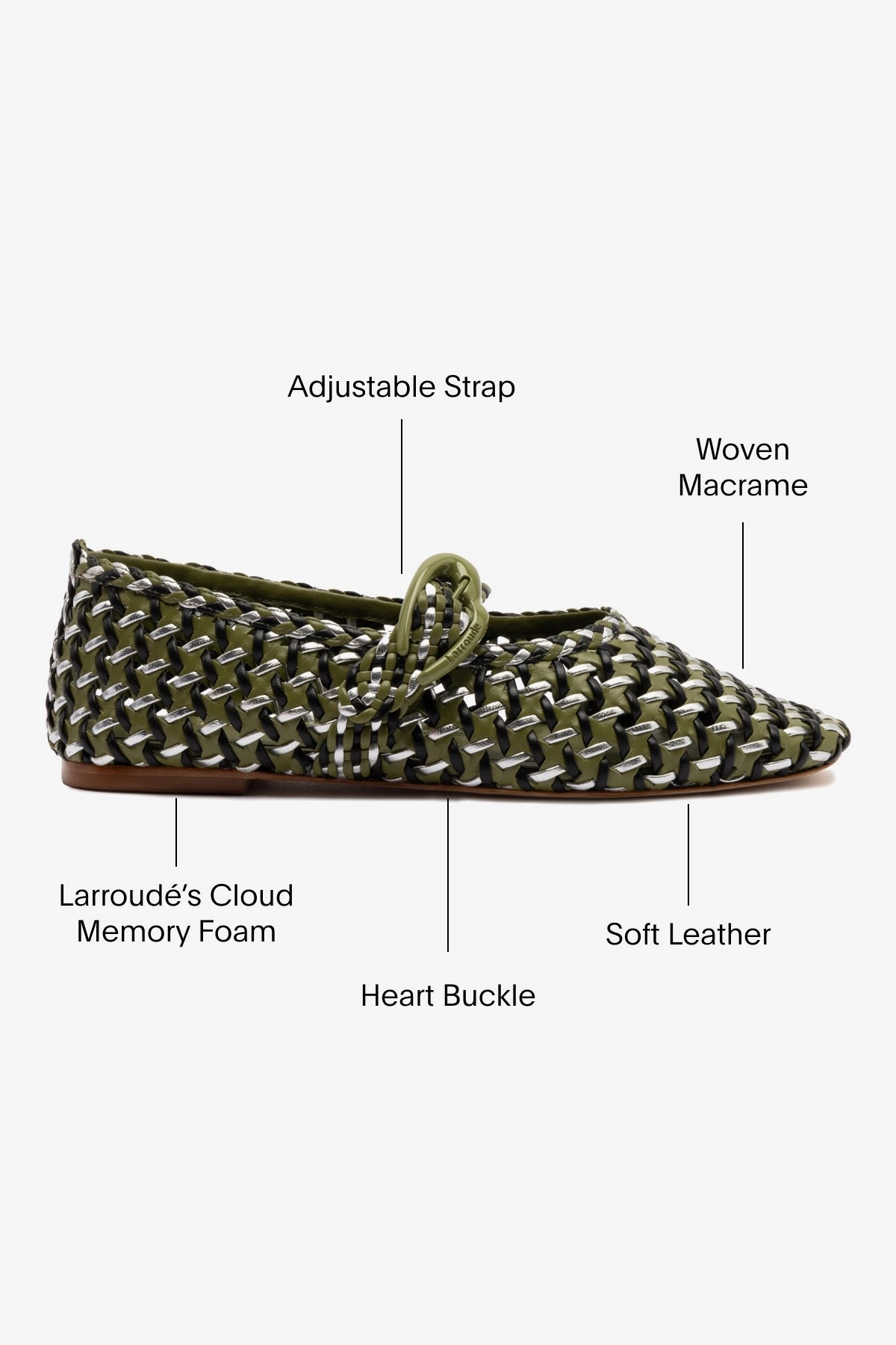 Verona Macrame Ballet Flat In Seaweed, Black and Silver Metallic Leather