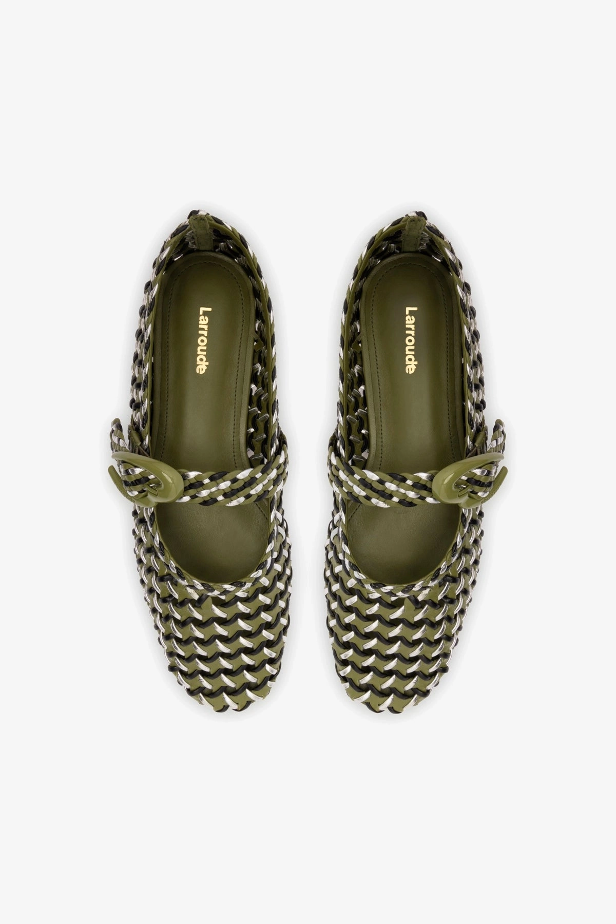 Verona Macrame Ballet Flat In Seaweed, Black and Silver Metallic Leather